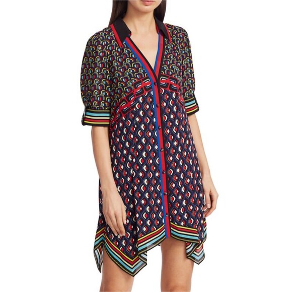 ALICE + OLIVIA Conner Handkerchief Hem Mini Dress Multicolor Short Slv Button S - Picture 1 of 16